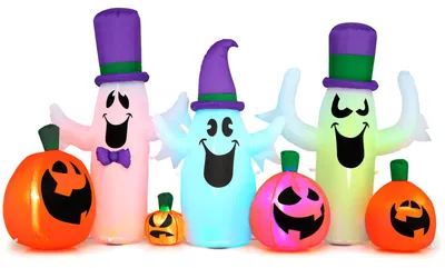 Zdjęcie produktu dla Kostway, dmuchane dekoracje na Halloween: 240 cm, 3 duchy, słodkie dekoracje na Halloween z oświetleniem LED, wbudowaną dmuchawą i 12 kołkami do wbicia w ziemię