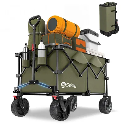 Produktbild von Sekey XXL 200KG Belastbar Bollerwagen Faltbar mit Spanngurte, 17x10 cm Extra Breite Reifen, Olivgrün