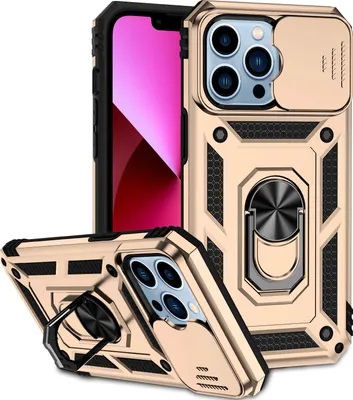 Image de Étui pour iPhone 13 Pro étui double couche avec couvercle coulissant pour appareil photo et anneau de support Or