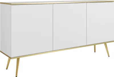 Produktbild von Sideboard 160 cm Rodi mit Beinen - Dreitürige Kommode, gold Accessoires, Wohnzimmerkommode - Weiß + Gold