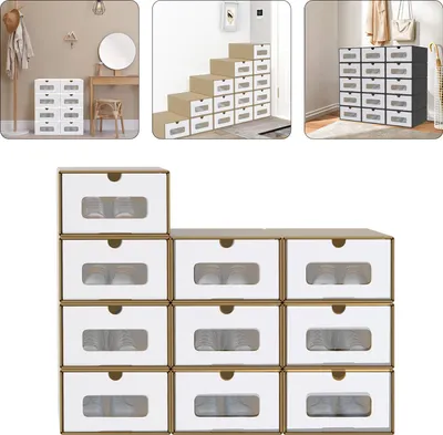 Image de XINZI 10x boîtes à chaussures Anthracite-Blanc - Empilables, avec fenêtre transparente & tiroir, en papier kraft, rangement pour chaussures/accessoires
