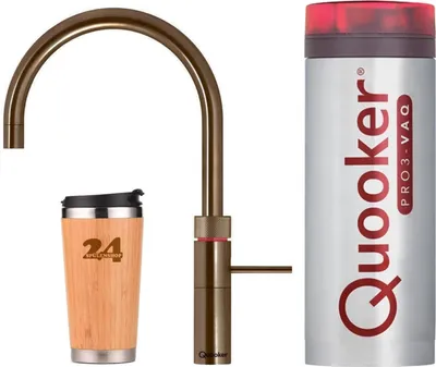 A Quooker tap, a travel mug, and a Quooker boiling water dispenser are displayed against a white background.