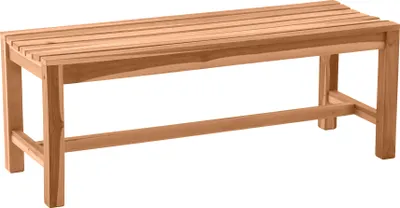 A wooden bench on a white background.