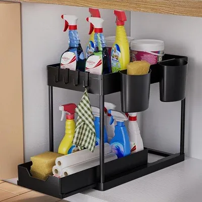 Produktbild von Famanu Küchenorganizer 2 Ebenen, unter der Spüle mit Haken und Bechern, multifunktional, schwarz