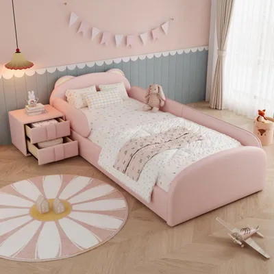 Produktbild von Polsterbett Einzelbett 90x200cm Rosa Kinderbett Bärenform Kopfteil mit passendem Nachttisch Samt Antikollisions Schwammkante ohne Matratze
