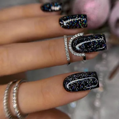 Image de 24 Ongles à Coller Noir Scintillant Court, Faux Ongles Acryliques avec Colle à Ongles Et Autocollant, Réutilisable Press on Nails