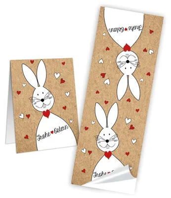 Produktbild von 10 weiß rot schwarz weiße Osteraufkleber 5 x 15 cm Text FROHE OSTERN Osterhase Herzen in rot - selbstklebende Etiketten Kraftpapier für Ostertüten Aufkleber Verzieren von Verpackung u. Osternest10 Stück