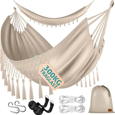 Produktbild von KESSER® Hängematte 320x150 cm belastbar bis 300 kg, wetterfeste & atmungsaktive Tuchhängematte mit Fransen für 1-2 Personen – Ideal für Camping, Garten & Outdoor, inkl. Beutel, Seile & Gurte
