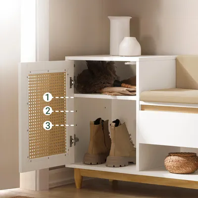 Produktbild von SoBuy Schuhbank mit Stauraum, Sitzbank für Flur mit Schuhregal und Gitteroptik, schmale Dielenbank für Eingang & Garderobe, Weiß-Natur FSR128-W