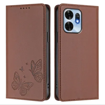 Image de Étui en cuir pour Honor X6D, étui de protection type portefeuille en cuir gaufré « papillon » avec support, marron