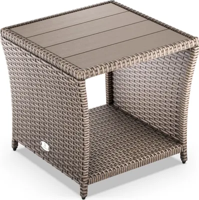 A wicker-style side table with a slatted top.