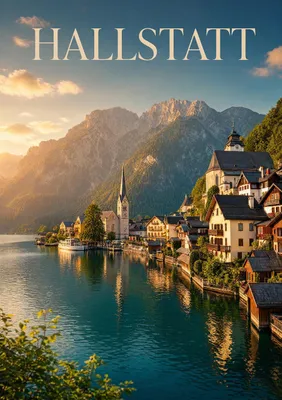 Produktbild von Hallstätter See Poster DIN A2 – fotoreal wirkendes Seemotiv in goldener Stunde, matt auf Ilford Papier gedruckt