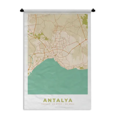 Produktbild von MuchoWow® Wandteppich Wandbehang Antalya - Karte - Stadtplan - Vintage 60x90 cm Tapisserie Dekoration Wandtuch - Foto-Teppich - Abwaschbar