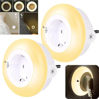 Produktbild von 2 Stück Steckdose Dimmbar LED-Nachtlicht,LED Wand-Nachtlicht mit Steckdose,Dämmerungssensor,Plug-in-Nachtlicht,Flur,Schlafzimmer,Warmweiß