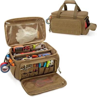 Image de INF Sac à outils en nylon camel - sac de travail multifonction, organisateur d'outils portable pour outils à main
