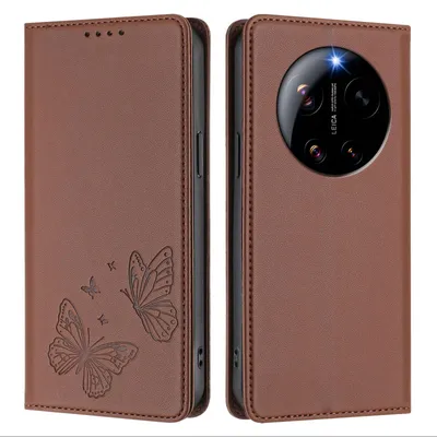 Produktbild von Lederhülle für Xiaomi 17 Ultra, Schmetterling Prägung Leder Brieftasche Schutzhülle mit Ständer Braun