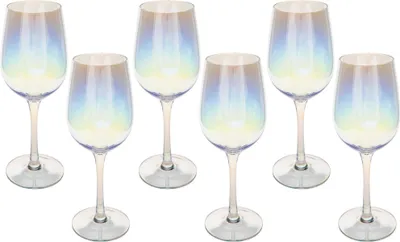 A set of six iridescent wine glasses on a white background.