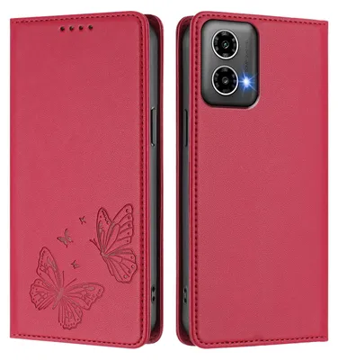 Produktbild von Lederhülle für Motorola Moto G34 / Moto G45, Schmetterling Prägung Leder Brieftasche Schutzhülle mit Ständer Rot