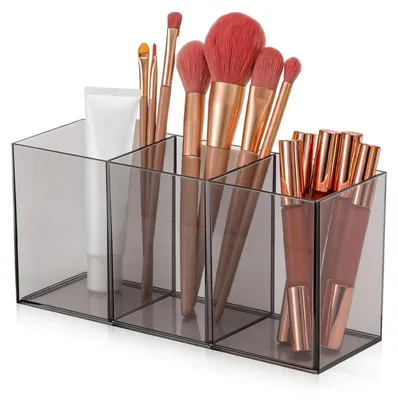 Produktbild von Make-up-Pinselhalter, Halter für Kosmetikpinsel mit 3 Fächern, Aufbewahrung für Make-up, Organizer für Make-up-Pinsel, Eyeliner, Lippenstift, Pinsel