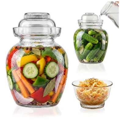 Zdjęcie produktu dla Słój do kiszenia ogórków, fermentacyjny, szklany hermetyczny 2,5 L z kołnierzem do fermentacji, kiszenia ogórków, kapusty, zakwasów