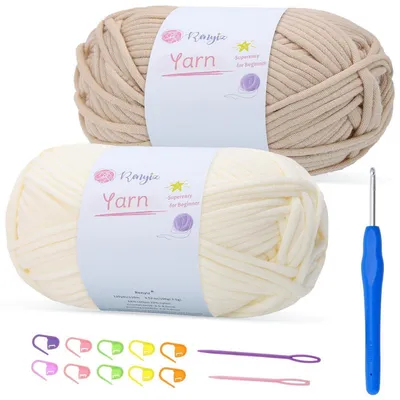 Image de Fil pour crochet, laine épaisse, 2 pelotes de 100g, avec un crochet de 4 mm, couleur crème et ivoire