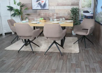Image de lot de 6 chaises de salle à manger HWC-M53, chaise de cuisine avec accoudoirs, pivotante Auto-Position, métal tissu MVG ~ taupe