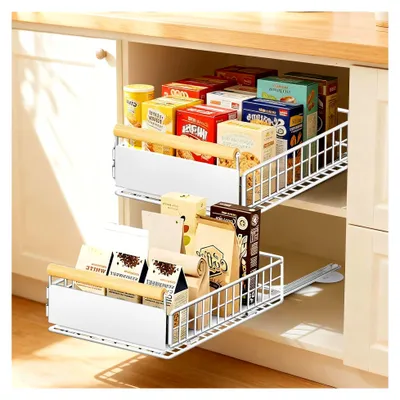 Produktbild von Ausziehbare Schublade für die Küche, 2 Stück, Teleskopschubladensystem mit Vollauszug, ohne Bohren, bis 25 kg, Schubladenorganizer für tiefe Schränke, Weiß, 39,5 x 23,5 x 11 cm