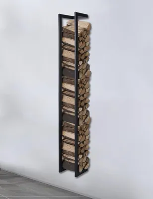 Image de Étagère murale de rangement pour bois, noire, 25x25x196 cm, idéale pour le stockage de bois de chauffage