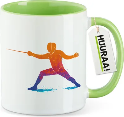 Produktbild von Huuraa Kaffeetasse Fechten bunte Silhouette 330ml Grün Keramik Kaffeebecher Geschenkidee