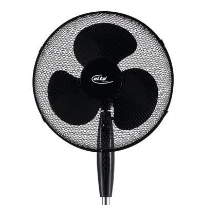 A black Elta stand fan is shown against a white background.