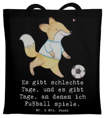 Produktbild von Mr. & Mrs. Panda Uni Tasche Fuchs Fußball spielen - Schwarz - Geschenk, Tote Bag, Fußballmannschaft, Turnier, Fußballtraining, Tragetasche, Einkaufstüte, Schultasche