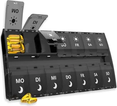 Produktbild von Tablettenbox 7 Tage, Pillendose 14 Tage 2 Fächer, Morgens Abends Medikamentenbox Fächer mit Druckknopf Design, Tabletten Organizer für Fischöl,
