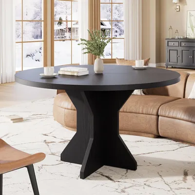 Obrázek produktu pro Kulatý jídelní stůl pro 4-6 osob, kuchyňský stůl s dřevěnou podnoží, industriální design, rozměry 120x120x75 cm, černá barva