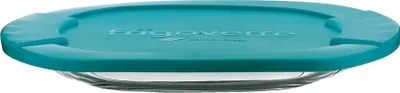 A glass container with a teal lid.