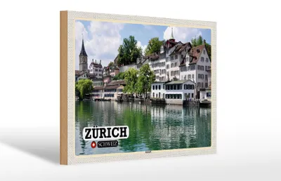 Produktbild von Holzschild Reise Zürich Schweiz Altstadt Fluss 30x20cm