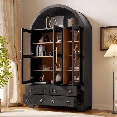 Produktbild von okwish Modernes Sideboard mit 4 Schubladen,offenem Rundbogen-Fach,Wohnzimmerschrank mit 3 Glastüren,Aluminiumgriffe,Schwarz