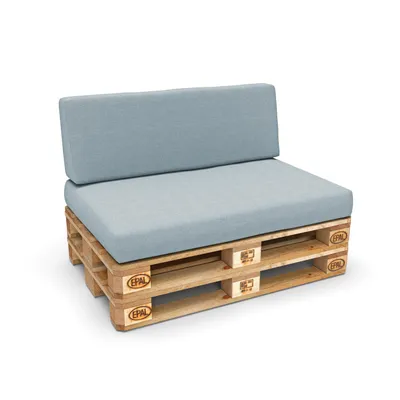 A sofa made from wooden pallets with blue cushions, shown on a white background.