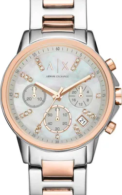 A close-up studio shot of an Armani Exchange women's watch.