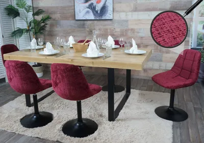 Produktbild von 6er-Set Esszimmerstuhl HWC-A60, Küchenstuhl Stuhl Drehstuhl, Stahl  Stoff/Textil Chenille (465g/m²)  bordeaux