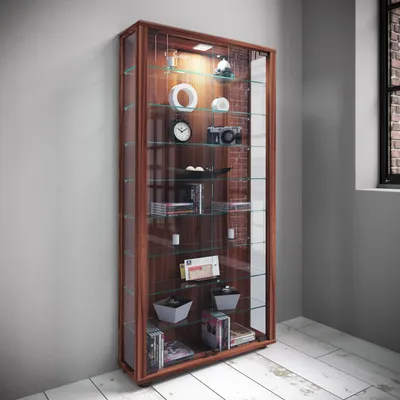 Produktbild von VCM Glasvitrine stehend | Vitrine Glas mit ESG-Sicherheitsglas | Maße ca.H. 113 x B. 59 x T. 18 cm | Standvitrine Glas | Modern und platzsparend | Glas Vitrinenschrank – Lumo Maxi