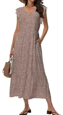 Produktbild von Sommerkleid V-Ausschnitt Blumenmuster - Lässiges Midi - Mit Taschen - Komfortabel/Atmungsaktiv - Figurbetont - Elegantes Design - Maxikleid