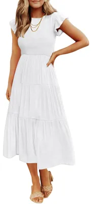 Immagine prodotto di ZESICA Abbigliamento da donna, collezione estate 2023: top casual a maniche corte, scollo rotondo, con volant e tessuto elasticizzato