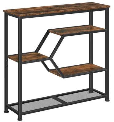 Image de Table console à 5 niveaux, 80 cm, couleur vintage marron, structure en métal noir, style industriel