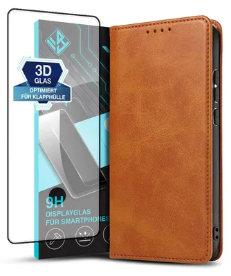 Produktbild von Handyhülle für Samsung Galaxy S22 Ultra mit 9H Displayglas Kunstleder Flip Cover Hülle Klapphülle Case Kartenfach Farbe: Hellbraun