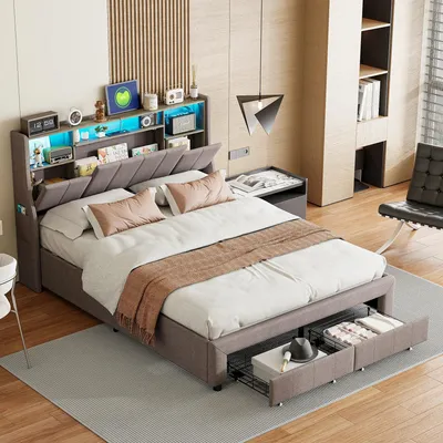 Zdjęcie produktu dla Łóżko dwuosobowe - Łóżko z oświetleniem LED - 140x200 cm - Z 2 szufladami - Gniazda USB - Materiał: len