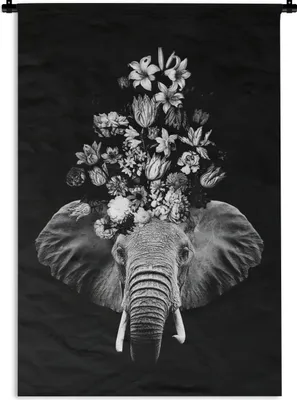 Produktbild von MuchoWow® Wandteppich Wandbehang Elefant mit Blumen vor schwarzem Hintergrund - schwarz und weiß 60x90 cm Tapisserie Dekoration Wandtuch - Foto-Teppich - Abwaschbar