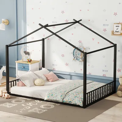 Produktbild von MODFU Kinderbett 140x200 Jugendbett Bettgestell mit Lattenrost, Hausbett Bodenbett Metallbett mit Rausfallschutz, Schwarz(Ohne Matratze)