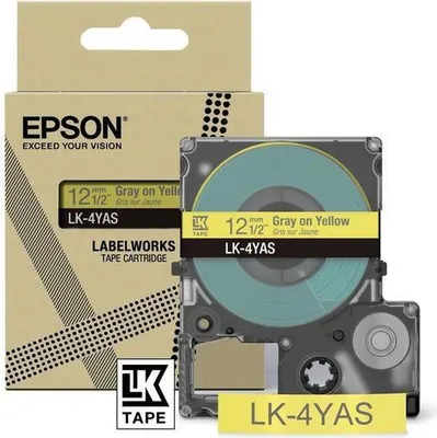 Imagen del producto de Epson LabelWorks LK-4YAS: Cinta para etiquetas, color gris sobre amarillo, rollo de 1,2 cm x 8 m, 1 cartucho. Caja colgante. Cartucho de cinta compatible con LabelWorks LW-C410 y LW-C610