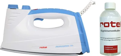 A white and blue iron and a bottle of descaler are shown against a white background.