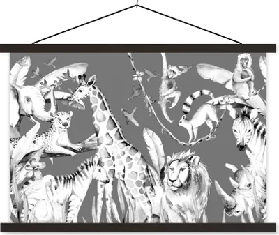 Produktbild von MuchoWow® Textilposter Wasserfarben - Dschungel - Tiere - Jungen - Blau - Kinder 120x80 cm mit schwarzem Rahmen - Wanddeko
